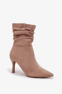 Damskie Boto Botki Damskie Na Szpilce Z Marszczoną Cholewką Eko Zamszowe Zamek Beżowe Ulisse