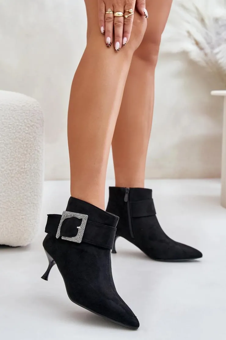 Boto Botki Na Obcasie|Botki Zamszowe*Botki Damskie Na Szpilce Z Ozdobną Klamrą Czarne Nirilis Czarny
