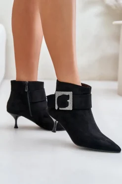 Boto Botki Na Obcasie|Botki Zamszowe*Botki Damskie Na Szpilce Z Ozdobną Klamrą Czarne Nirilis Czarny