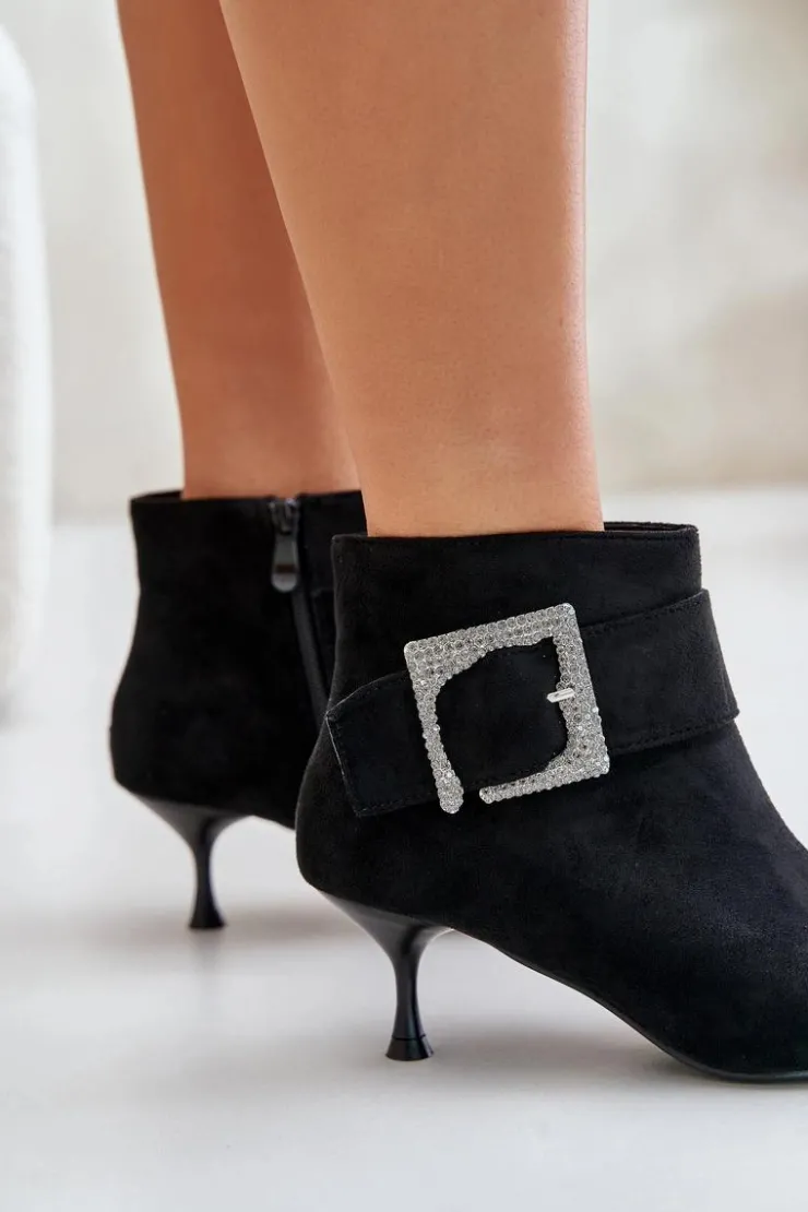 Boto Botki Na Obcasie|Botki Zamszowe*Botki Damskie Na Szpilce Z Ozdobną Klamrą Czarne Nirilis Czarny