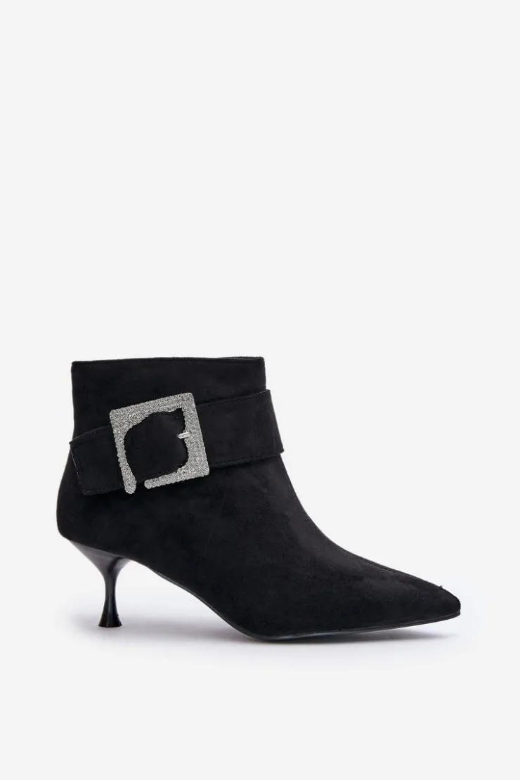 Boto Botki Na Obcasie|Botki Zamszowe*Botki Damskie Na Szpilce Z Ozdobną Klamrą Czarne Nirilis Czarny