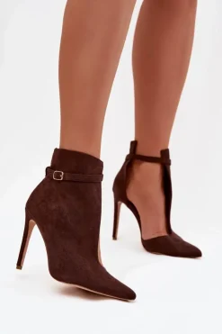 Boto Botki Damskie Na Szpilce Z Eko Zamszu Czekoladowe Amalundi Brązowy