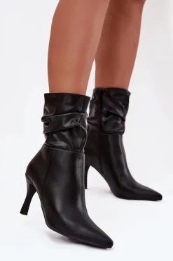 Hot Boto Botki Damskie Na Szpilce Z Marszczoną Cholewką Zamek Czarne Ulisse