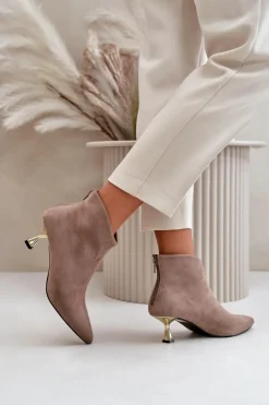 Damskie Boto Botki Damskie Na Szpilce Eko Zamszowe Ciemnobeżowe Terlena