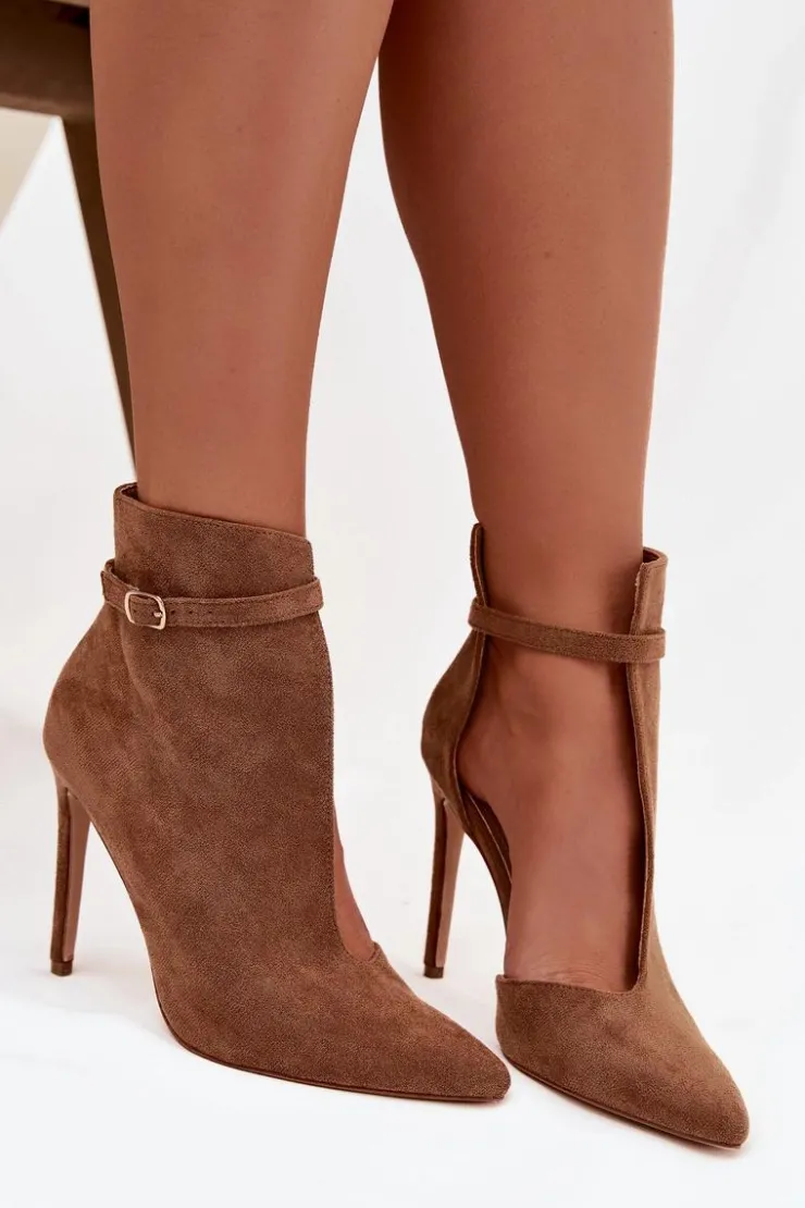 Boto Botki Na Obcasie|Botki Zamszowe*Botki Damskie Na Szpilce Z Eko Zamszu Ciemnobeżowe Amalundi Beżowy