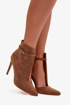 Boto Botki Na Obcasie|Botki Zamszowe*Botki Damskie Na Szpilce Z Eko Zamszu Ciemnobeżowe Amalundi Beżowy