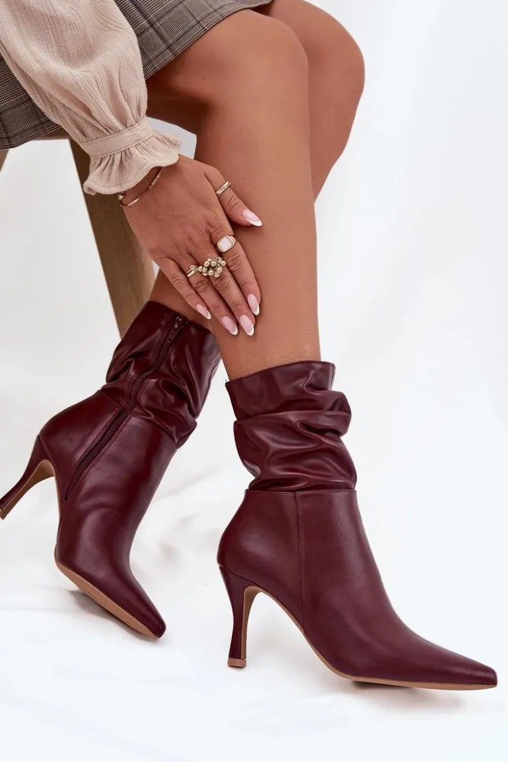 Boto Botki Na Obcasie*Botki Damskie Na Szpilce Z Marszczoną Cholewką Zamek Bordowe Ulisse