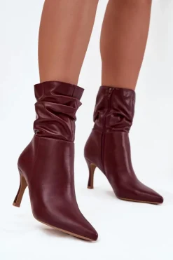 Boto Botki Na Obcasie*Botki Damskie Na Szpilce Z Marszczoną Cholewką Zamek Bordowe Ulisse
