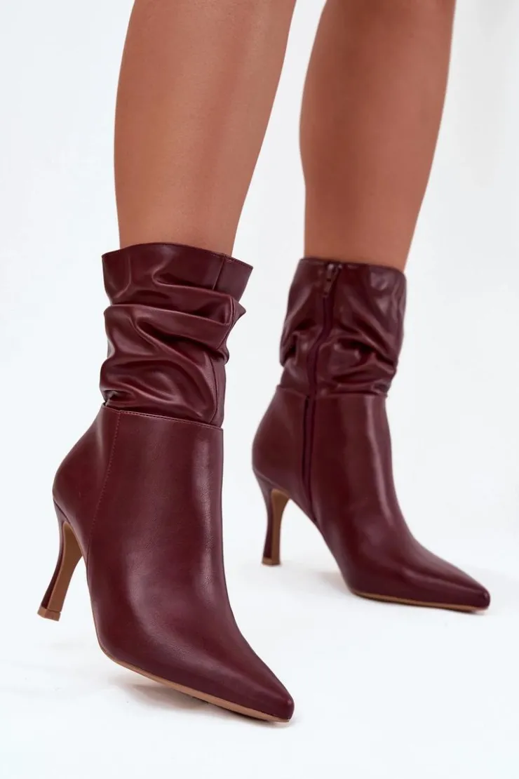 Boto Botki Na Obcasie*Botki Damskie Na Szpilce Z Marszczoną Cholewką Zamek Bordowe Ulisse