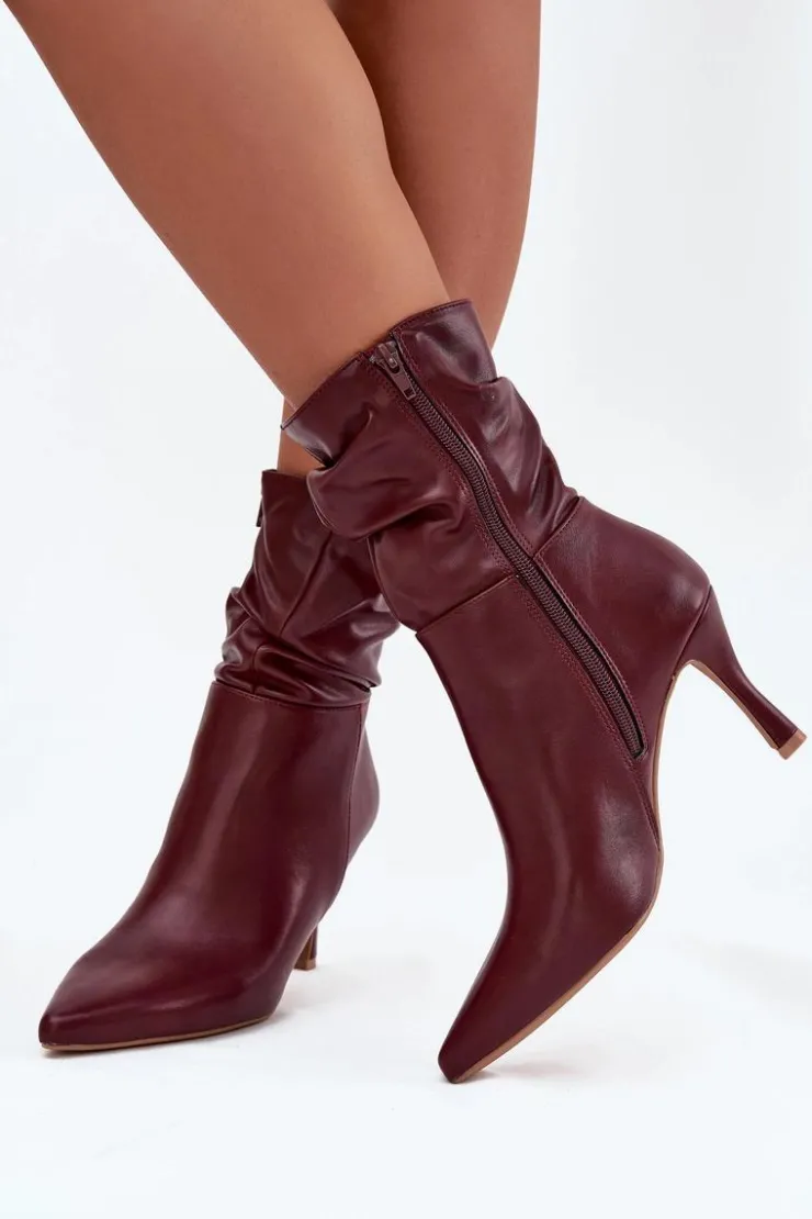 Boto Botki Na Obcasie*Botki Damskie Na Szpilce Z Marszczoną Cholewką Zamek Bordowe Ulisse