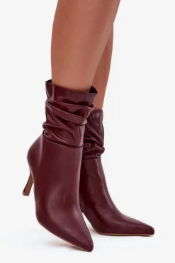 Boto Botki Na Obcasie*Botki Damskie Na Szpilce Z Marszczoną Cholewką Zamek Bordowe Ulisse
