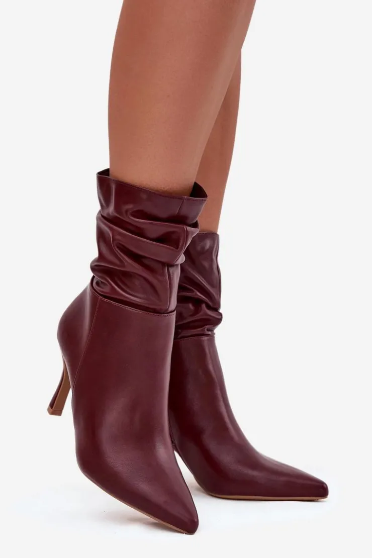 Boto Botki Na Obcasie*Botki Damskie Na Szpilce Z Marszczoną Cholewką Zamek Bordowe Ulisse