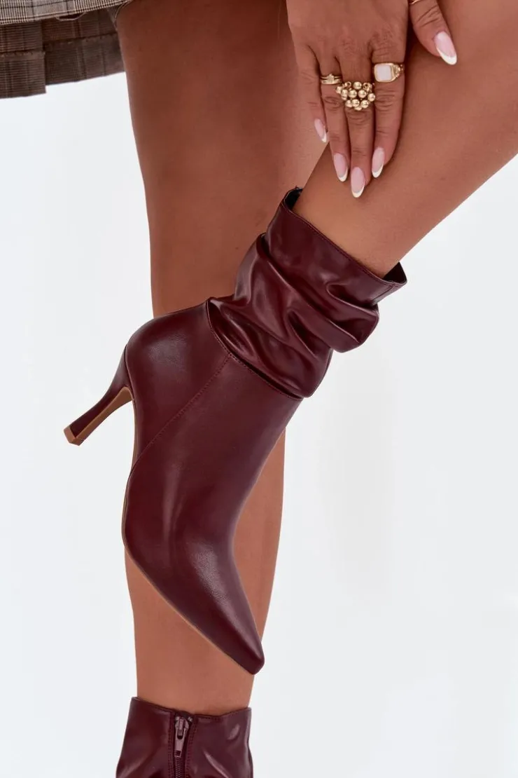 Boto Botki Na Obcasie*Botki Damskie Na Szpilce Z Marszczoną Cholewką Zamek Bordowe Ulisse