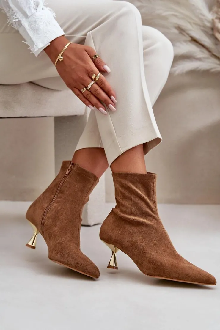 Boto Botki Damskie Na Szpilce Eko Zamszowe Z Noskami W Szpic Camel Irithare