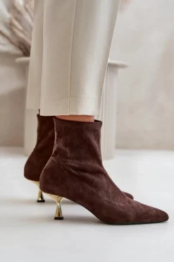 New Boto Botki Damskie Na Szpilce Eko Zamszowe Z Noskami W Szpic Brązowe Irithare