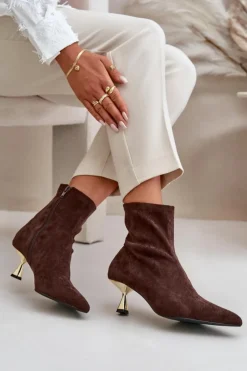 New Boto Botki Damskie Na Szpilce Eko Zamszowe Z Noskami W Szpic Brązowe Irithare