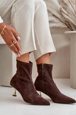 New Boto Botki Damskie Na Szpilce Eko Zamszowe Z Noskami W Szpic Brązowe Irithare