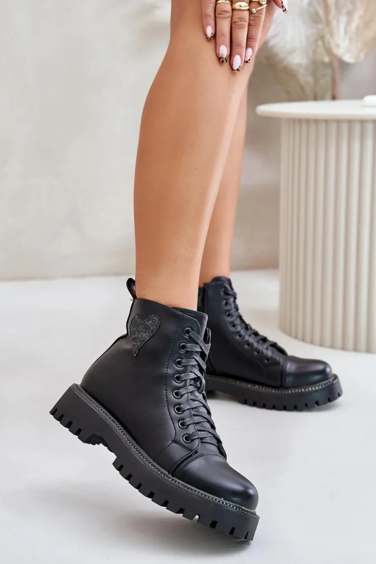 Hot Boto Botki Damskie Na Zamek Z Ozdobnym Sercem Czarne Obeena Czarny