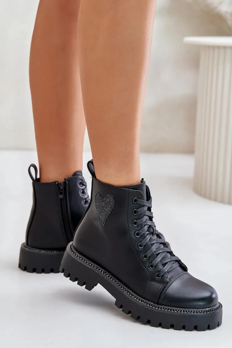 Hot Boto Botki Damskie Na Zamek Z Ozdobnym Sercem Czarne Obeena Czarny