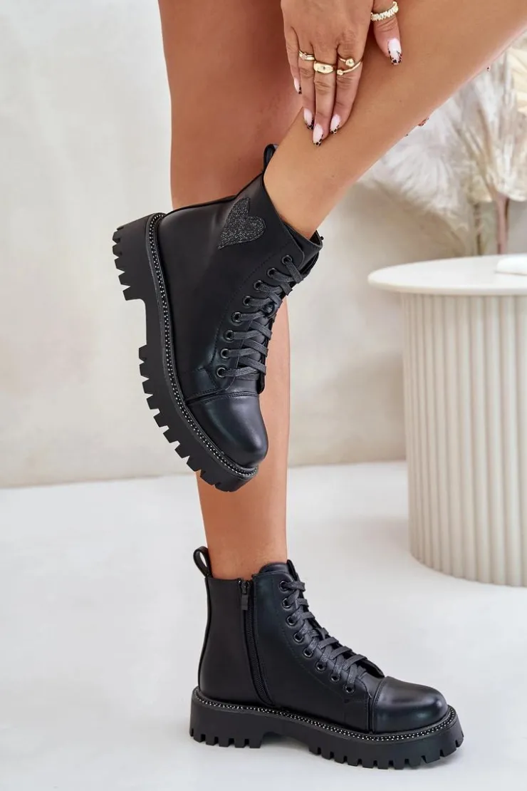 Hot Boto Botki Damskie Na Zamek Z Ozdobnym Sercem Czarne Obeena Czarny