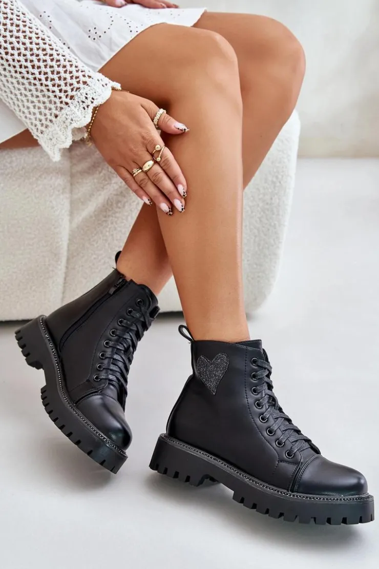 Hot Boto Botki Damskie Na Zamek Z Ozdobnym Sercem Czarne Obeena Czarny
