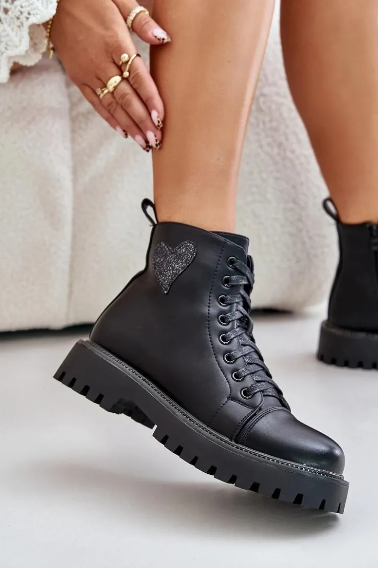 Hot Boto Botki Damskie Na Zamek Z Ozdobnym Sercem Czarne Obeena Czarny