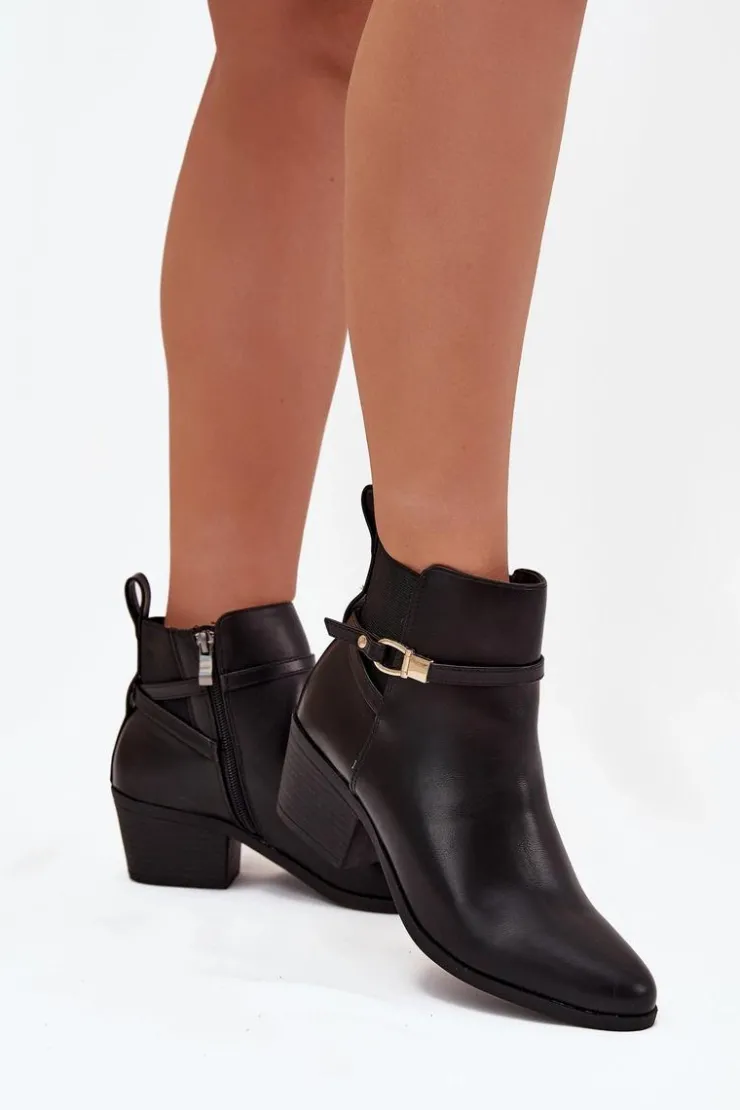 Clearance Boto Botki Damskie Na Zamek Z Paseczkiem I Złotym Detalem Czarne Zelinae Czarny
