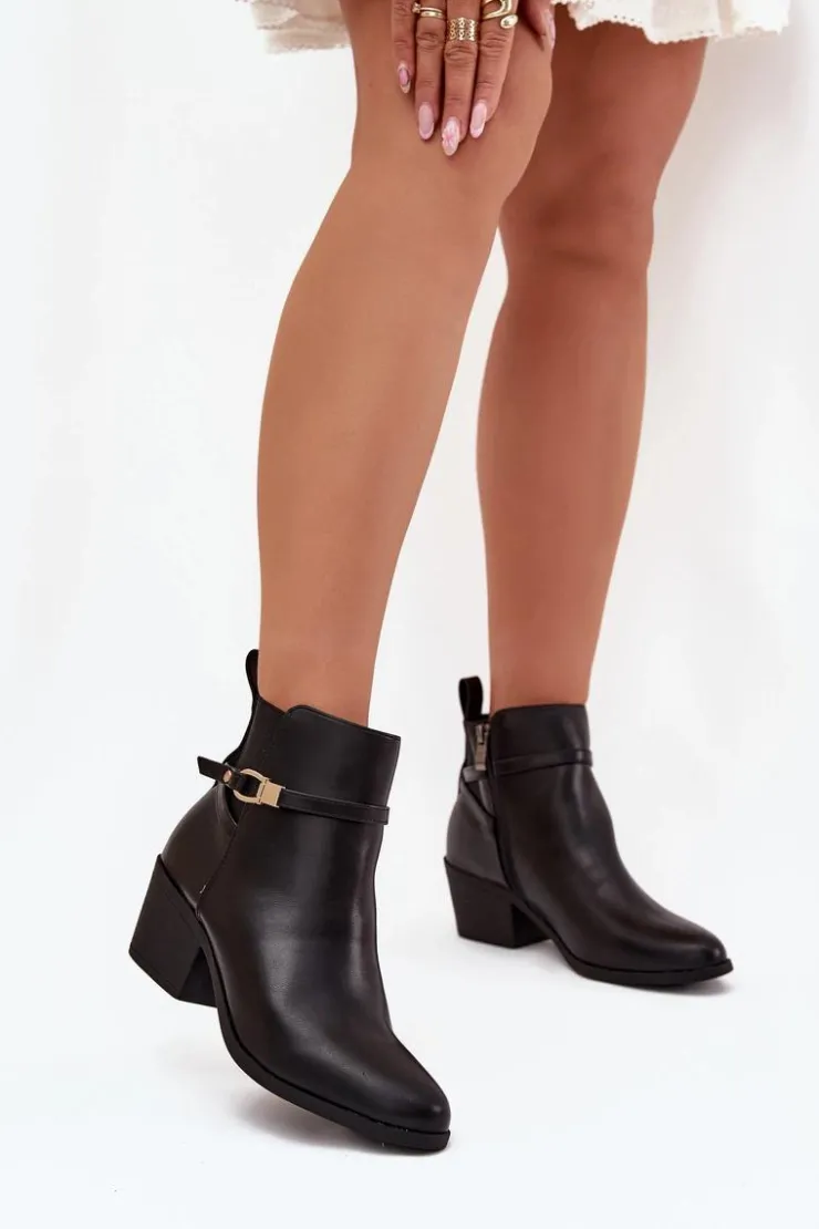 Clearance Boto Botki Damskie Na Zamek Z Paseczkiem I Złotym Detalem Czarne Zelinae Czarny