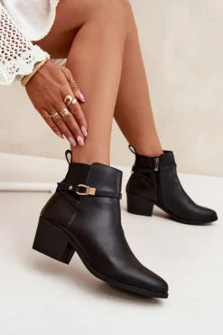 Clearance Boto Botki Damskie Na Zamek Z Paseczkiem I Złotym Detalem Czarne Zelinae Czarny