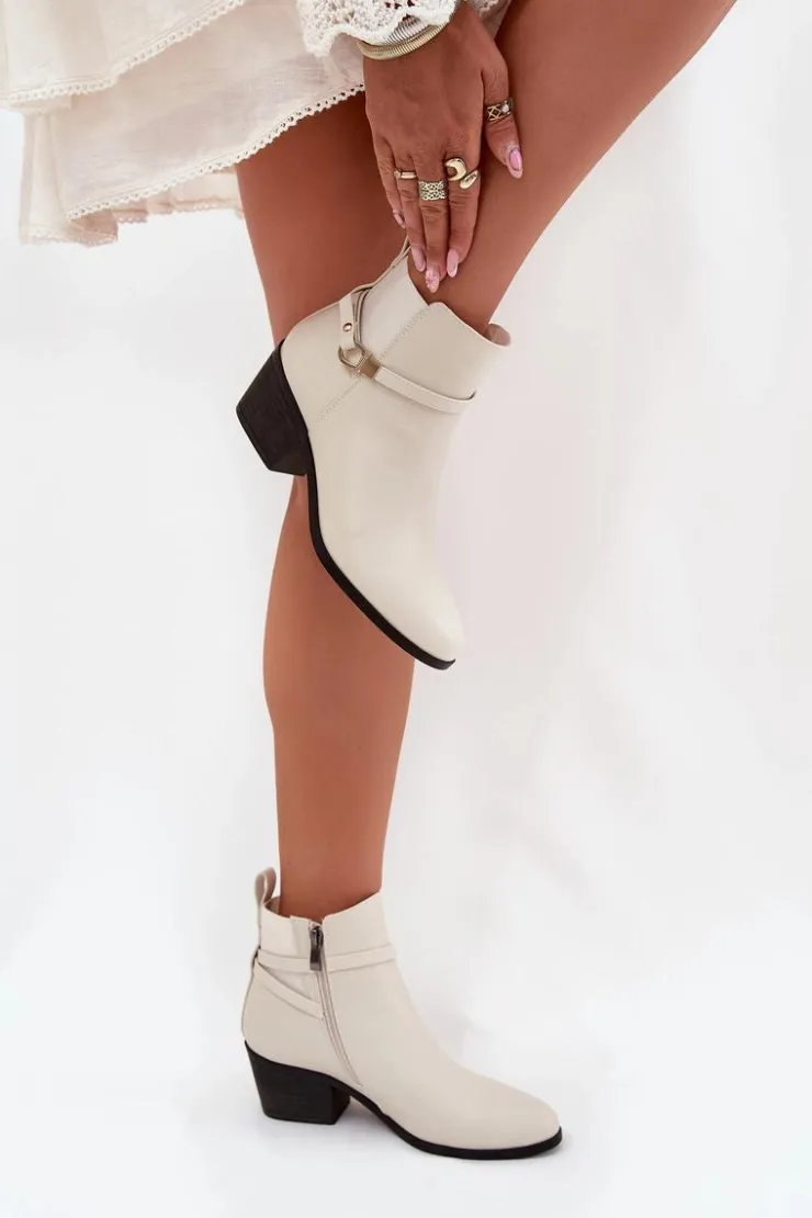 Boto Botki Na Słupku|Czarne Botki*Botki Damskie Na Zamek Z Paseczkiem I Złotym Detalem Jasnobeżowe Zelinae