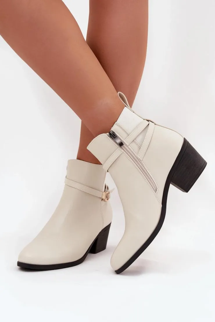 Boto Botki Na Słupku|Czarne Botki*Botki Damskie Na Zamek Z Paseczkiem I Złotym Detalem Jasnobeżowe Zelinae