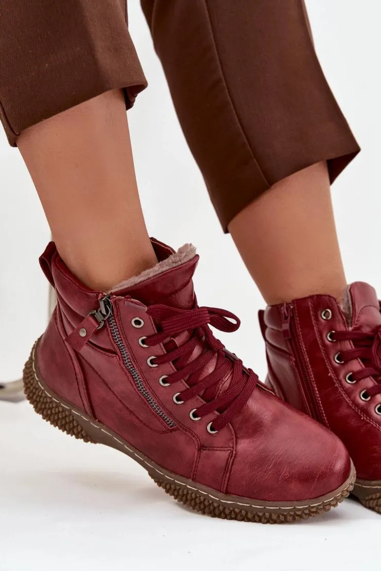 Online Evento Botki Damskie Ocieplane Futerkiem Z Eko Skóry Bordowe Ulverina