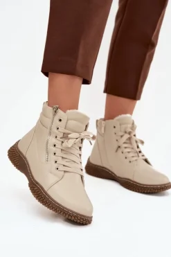 Damskie Evento Botki Damskie Ocieplane Futerkiem Z Eko Skóry Beżowe Ulverina