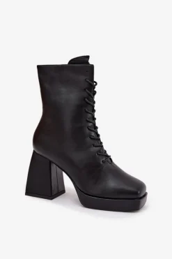 Boto Botki Ocieplane|Botki Na Słupku*Botki Damskie Ocieplane Na Słupku Ze Sznurowaniem Czarne Juvina Czarny