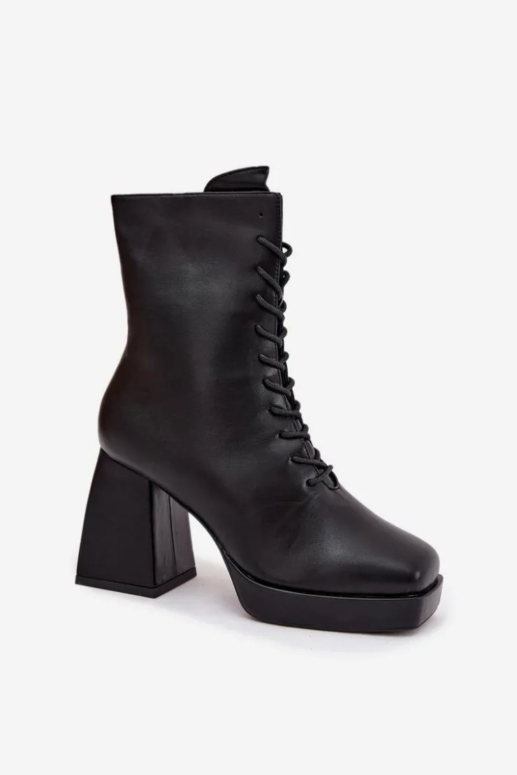 Boto Botki Ocieplane|Botki Na Słupku*Botki Damskie Ocieplane Na Słupku Ze Sznurowaniem Czarne Juvina Czarny