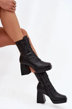 Boto Botki Ocieplane|Botki Na Słupku*Botki Damskie Ocieplane Na Słupku Ze Sznurowaniem Czarne Juvina Czarny