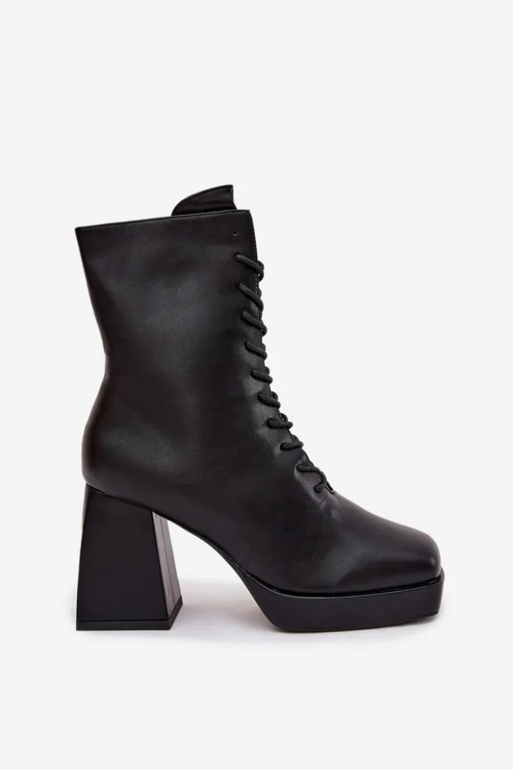 Boto Botki Ocieplane|Botki Na Słupku*Botki Damskie Ocieplane Na Słupku Ze Sznurowaniem Czarne Juvina Czarny