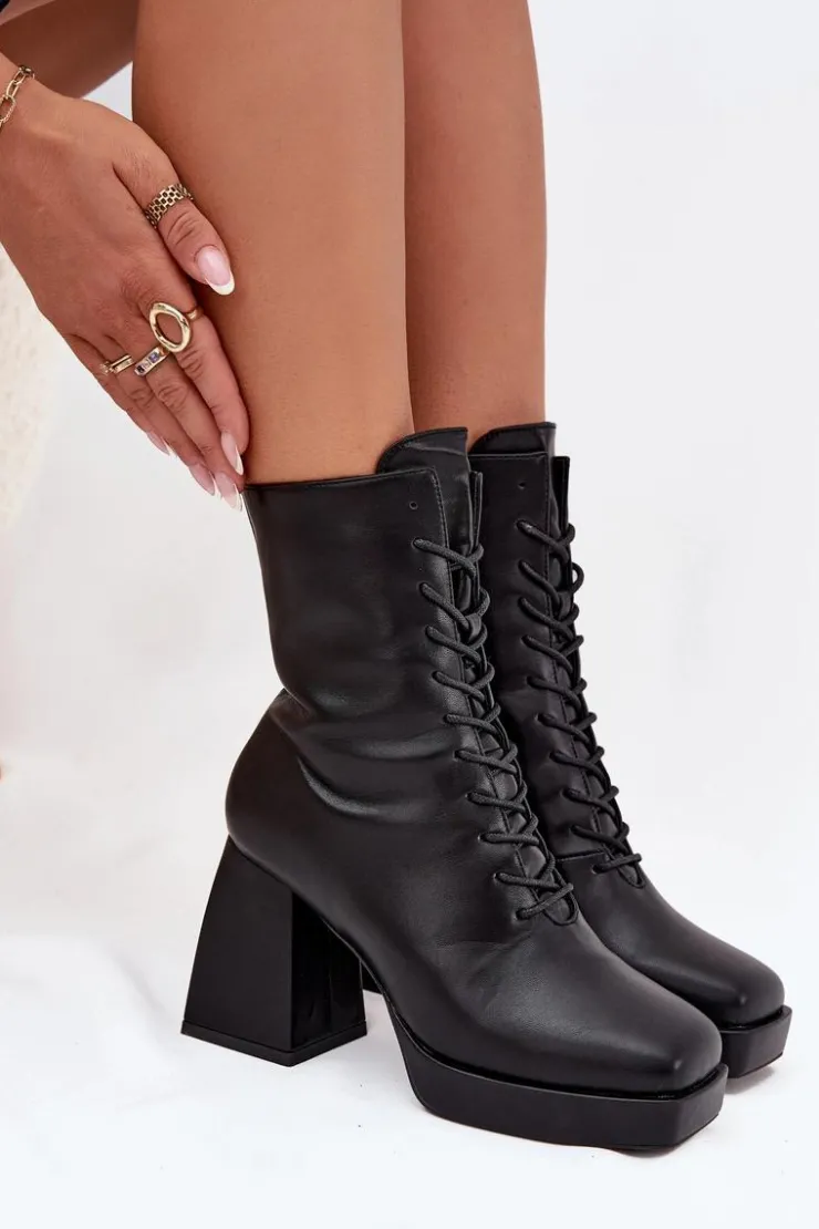 Boto Botki Ocieplane|Botki Na Słupku*Botki Damskie Ocieplane Na Słupku Ze Sznurowaniem Czarne Juvina Czarny