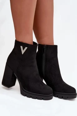 Damskie Boto Botki Damskie Ocieplane Na Słupku Z Ozdobnym Detalem Czarne Briella