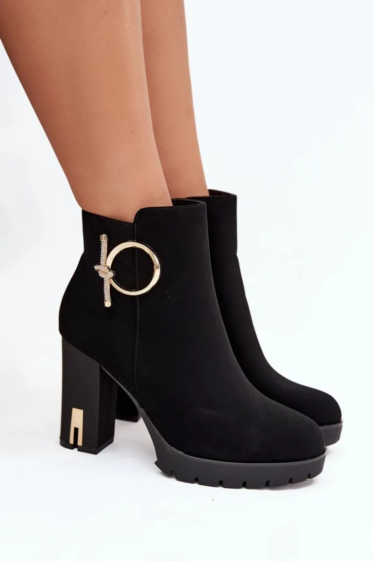 Boto Botki Damskie Ocieplane Na Słupku Ze Złotą Ozdobą Czarne Ysolde