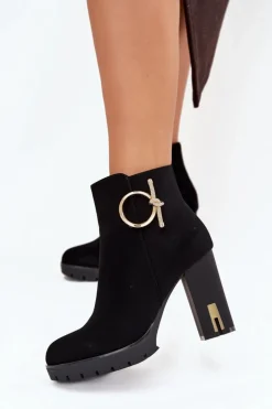 Boto Botki Damskie Ocieplane Na Słupku Ze Złotą Ozdobą Czarne Ysolde