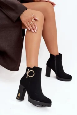 Boto Botki Damskie Ocieplane Na Słupku Ze Złotą Ozdobą Czarne Ysolde