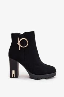 Boto Botki Damskie Ocieplane Na Słupku Ze Złotą Ozdobą Czarne Ysolde