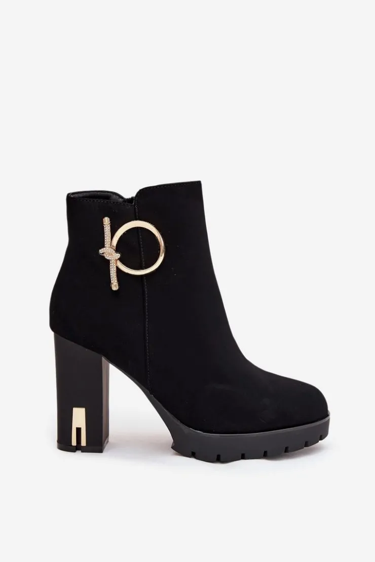 Boto Botki Damskie Ocieplane Na Słupku Ze Złotą Ozdobą Czarne Ysolde