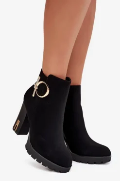Boto Botki Damskie Ocieplane Na Słupku Ze Złotą Ozdobą Czarne Ysolde