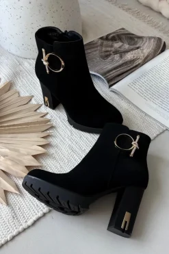 Boto Botki Damskie Ocieplane Na Słupku Ze Złotą Ozdobą Czarne Ysolde