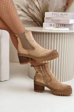 Boto Botki Damskie Ocieplane Na Słupku Eko Zamszowe Beżowe Irissinae