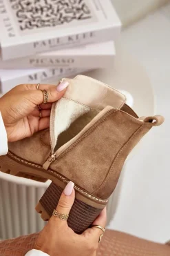 Boto Botki Damskie Ocieplane Na Słupku Eko Zamszowe Beżowe Irissinae