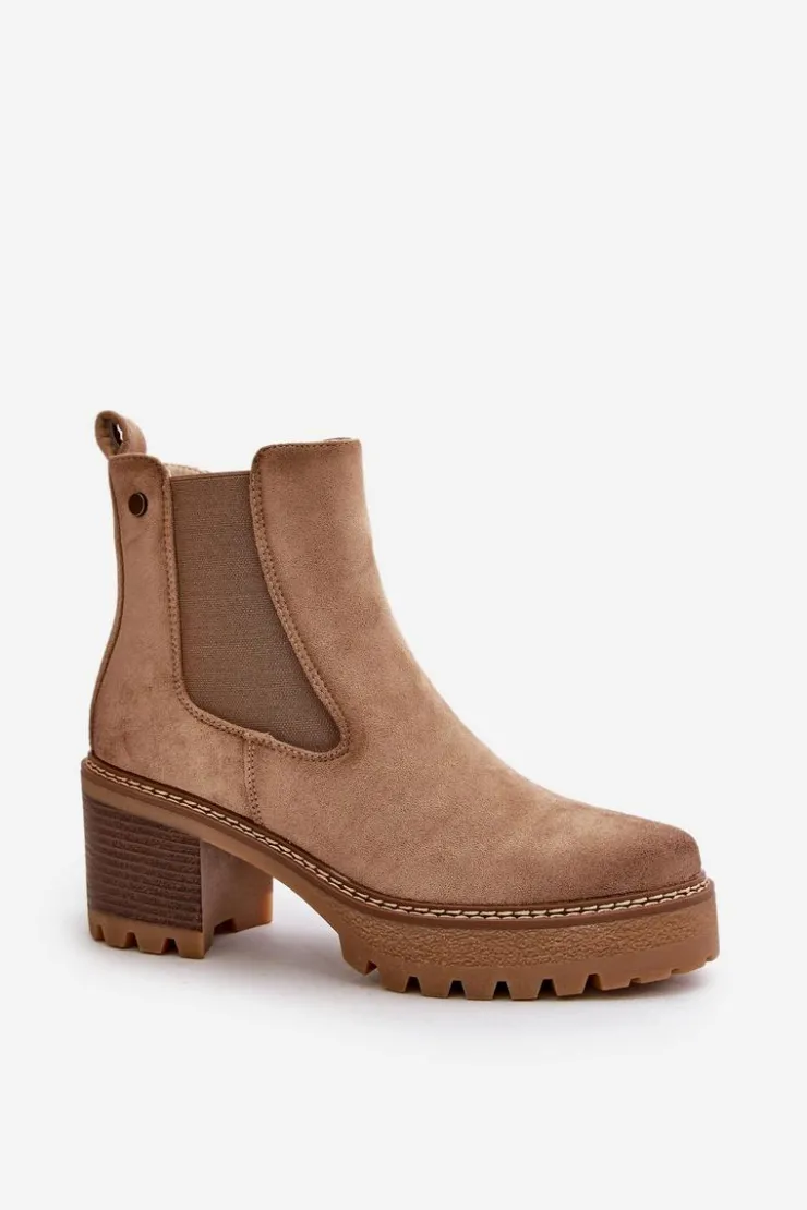 Boto Botki Damskie Ocieplane Na Słupku Eko Zamszowe Beżowe Irissinae