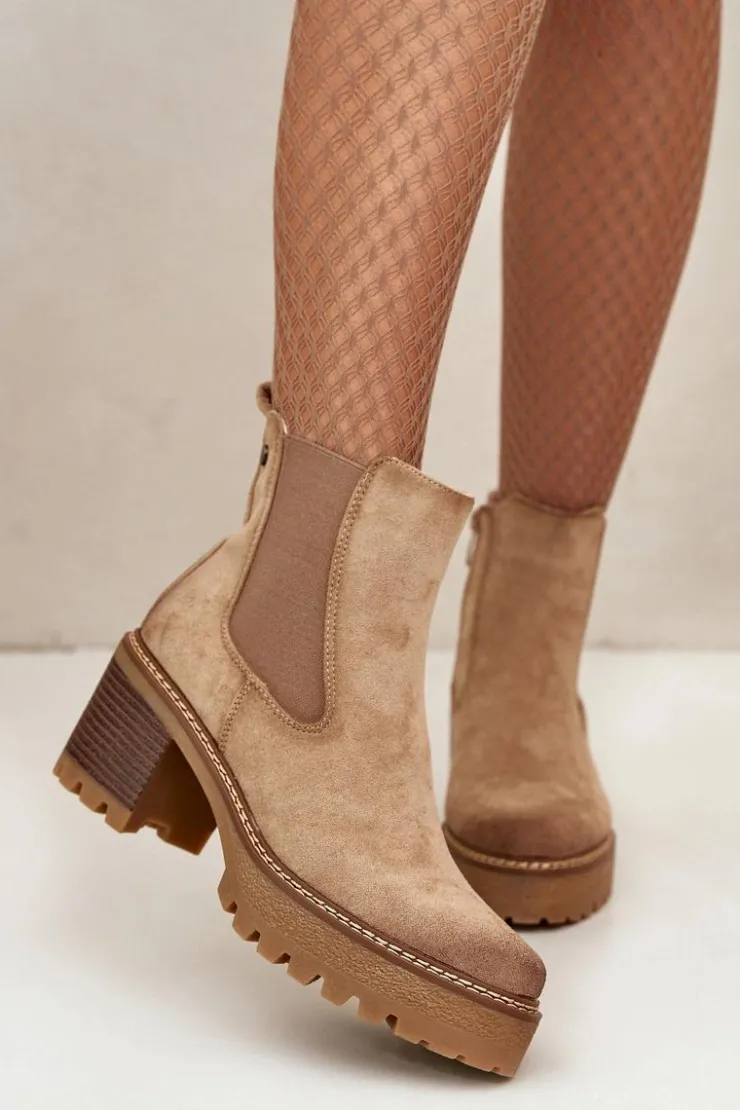 Boto Botki Damskie Ocieplane Na Słupku Eko Zamszowe Beżowe Irissinae